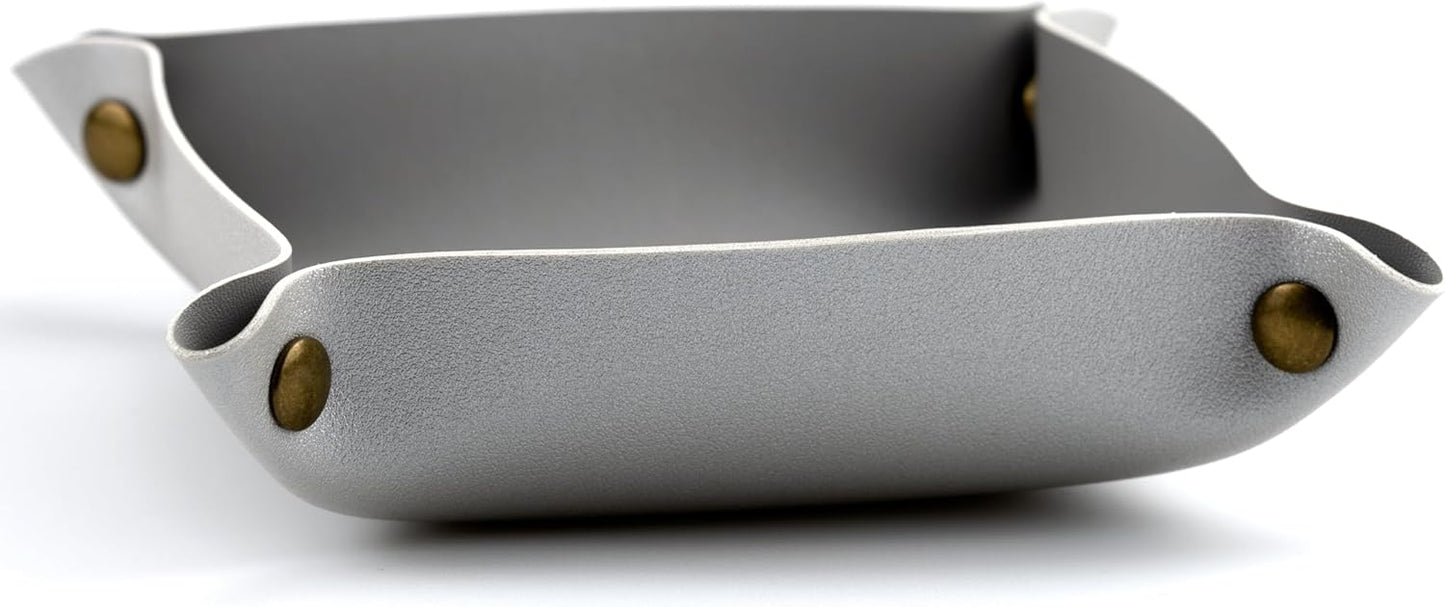 Decorative Foldable Valet Tray Artificial Leather Catchall Holder Small Desk Table Organizer Tray for Jewelry, Keys, Watches, Coins (Light Gray)