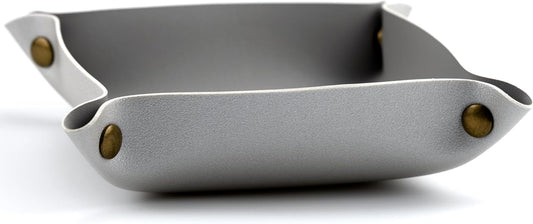 Decorative Foldable Valet Tray Artificial Leather Catchall Holder Small Desk Table Organizer Tray for Jewelry, Keys, Watches, Coins (Light Gray)