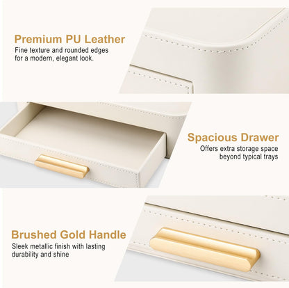 GORESE PU Leather Valet Tray with Drawer, Nightstand Organizer Catch All Tray for Jewelry Perfume Purse Trinket Key Holder, EDC Trays for Desk Vanity Entryway Table, Gift for Women Men, Cream White