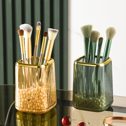 Acrylic Pen Holder, Cute Clear Green Desk Organizer for Pencils, Makeup Brushes Toothbrushes Storage Cup with Striped Design for Vanity Bathroom