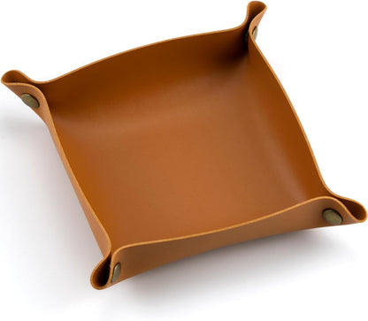 IFAMIO Decorative Foldable Valet Tray Artificial Leather Catchall Holder Small Desk Table Organizer Tray for Jewelry, Keys, Watches, Coins (Orange)