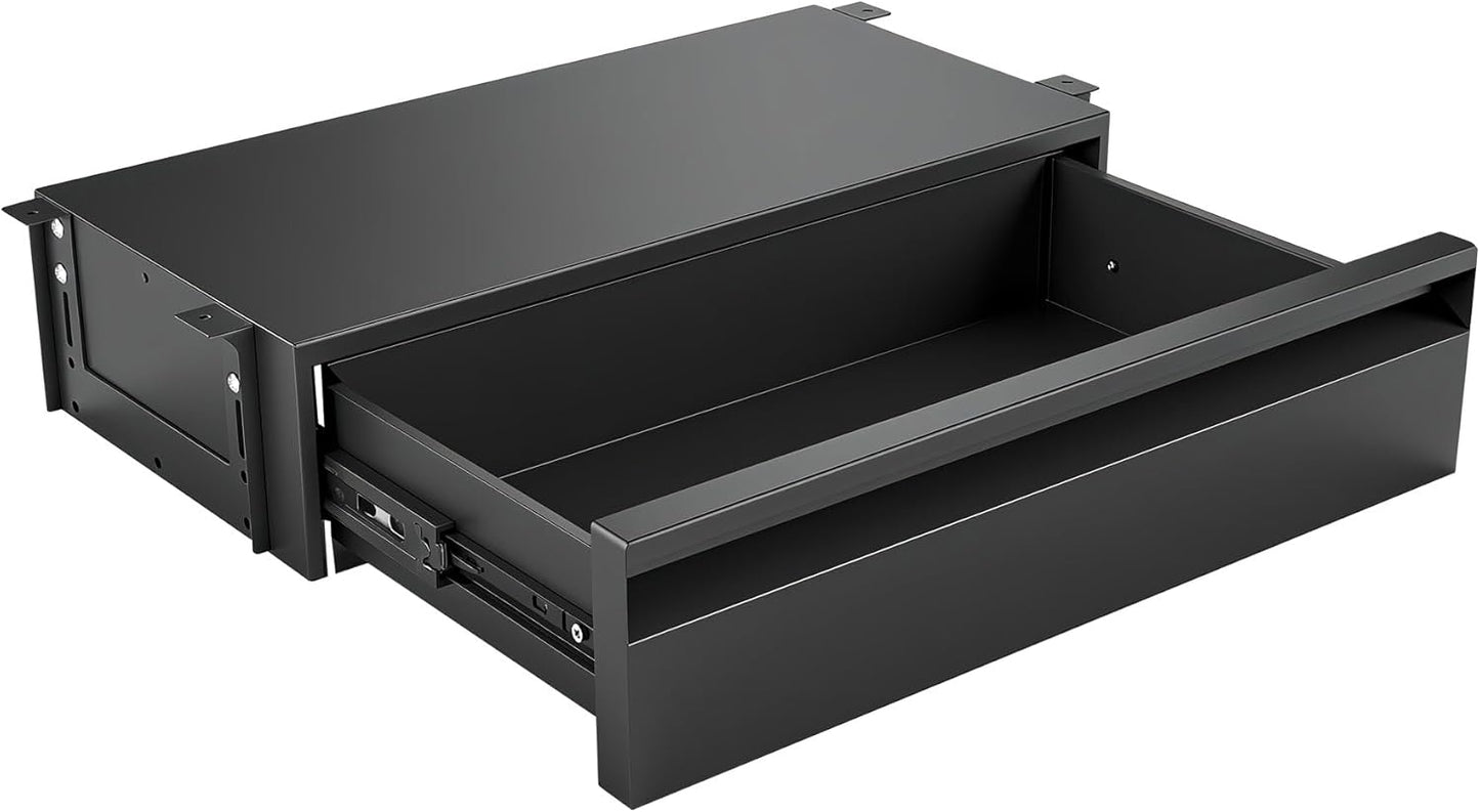 POPMOON 13.8 in Under Desk Drawer For Desk, Pull out Storage Organizer with Slide Extension Mounted Under Flat Wooden Table or Workbench, Carbon Steel Undermount Drawer,Black