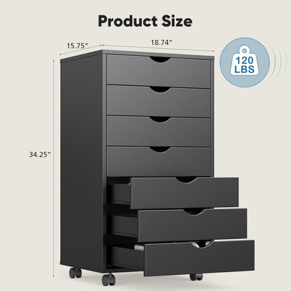 OLIXIS 7 Drawer Mobile File Cabinet Under Desk Storage Organization with Wheels Vertical Filing Chest Rolling Wood Small Desk Printer Stand for Home Office, 15.75"D x 18.74"W x 34.25"H, Black