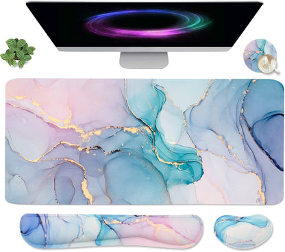 4-in-1 Large Mouse Pad, Keyboard Wrist Rest Pad & Wrist Support Mousepad Set, Extended Desk Pad Waterproof Desk Mat for Home Office Study Game