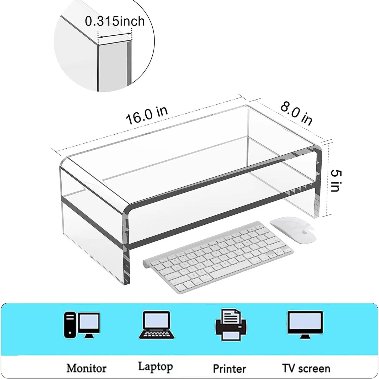 Acrylic Monitor Stand, 2 Tier Computer Monitor Stand Riser，16 inch Acrylic Computer Monitor Stand Riser for iMac, PC, Desktop, Laptop, TV Screen with Extra Storage Space Home Office