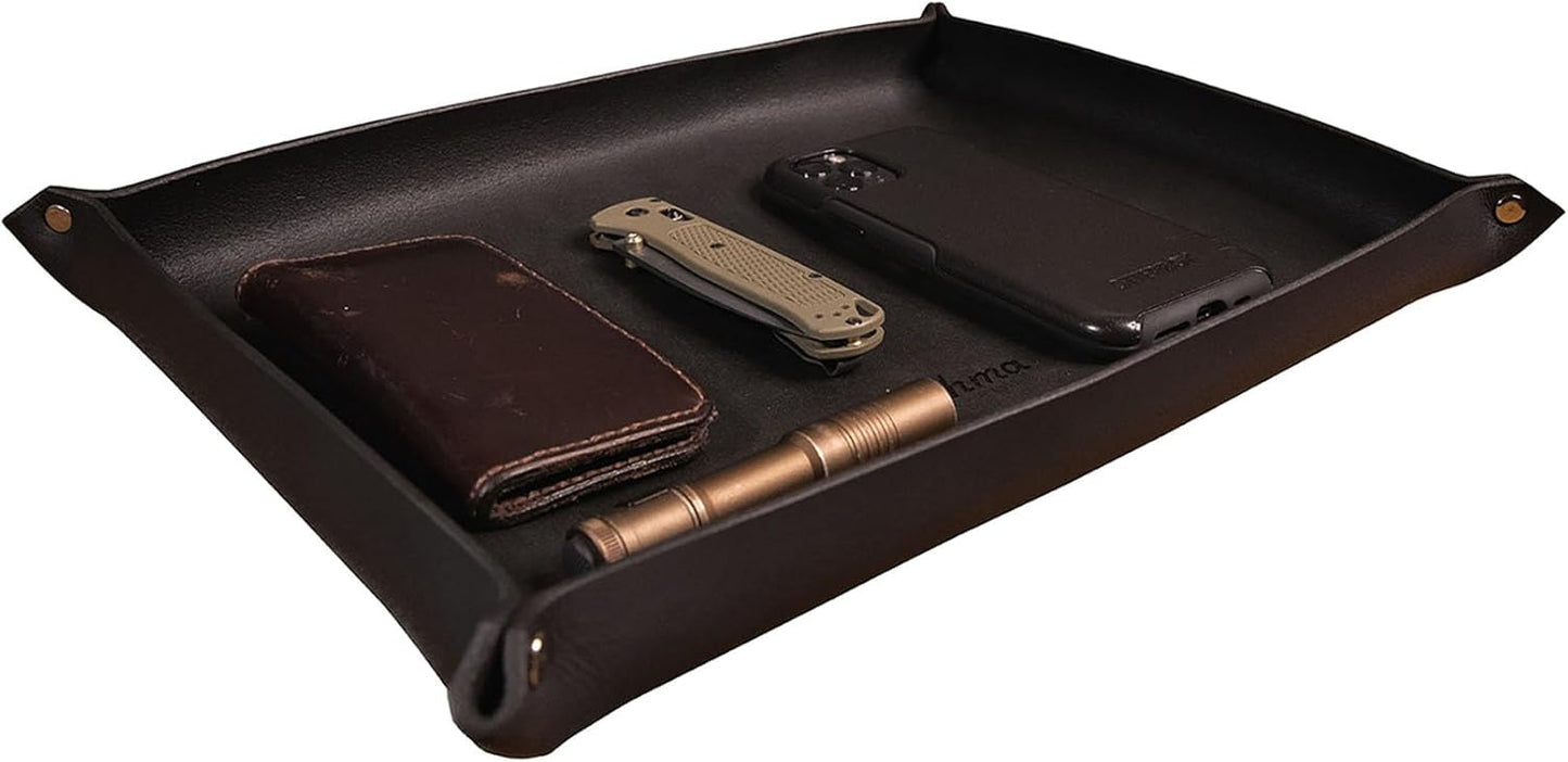 Valet Tray – Full-Grain Leather Catchall Organizer for Keys, Phone & Wallet – Rustic Nightstand & Desk Tray with Raised Sides – Handmade in USA (Vintage Brown, Small Rectangle)