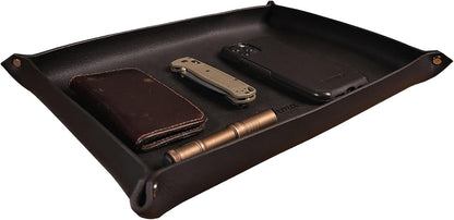Valet Tray – Full-Grain Leather Catchall Organizer for Keys, Phone & Wallet – Rustic Nightstand & Desk Tray with Raised Sides – Handmade in USA (Vintage Brown, Small Rectangle)