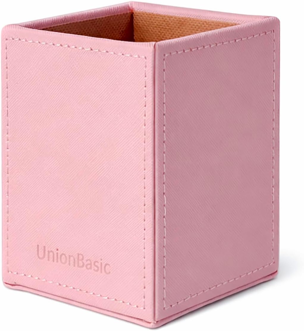 UnionBasic Square Pen Holder, Leather Pencil Cup, Desktop Caddy Stationery Organizer, Beige