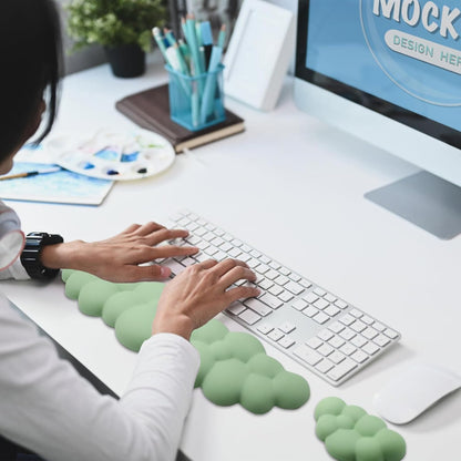 Ergonomic Keyboard Wrist Rest, PU Leather Memory Foam Cloud Wrist Rest for Computer Keyboard, Mouse Wrist Rest and Keyboard Pad for Gaming, Office, Computer, Laptop, Typing Pain Relief, Pastel Pink