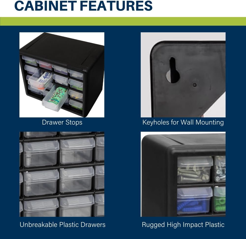 Akro-Mils 24-Drawer Plastic Drawer Storage Cabinet for Garage Organization, Bead Organizer, Building Bricks Storage, Teacher Toolbox, Makeup Organizer, 20" W x 6" D x 16" H, 10124 Black