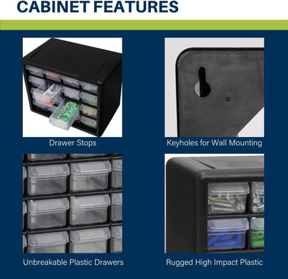 Akro-Mils 24-Drawer Plastic Drawer Storage Cabinet for Garage Organization, Bead Organizer, Building Bricks Storage, Teacher Toolbox, Makeup Organizer, 20" W x 6" D x 16" H, 10124 Black