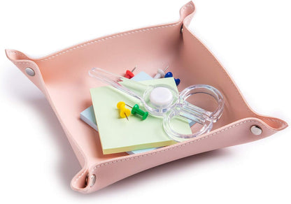 SANQIANWAN Leather Jewelry Valet Tray for Women and Man, Entryway Table Bedside Nightstand Desk Portable Small Catchall Travel Dish Plate for Key,Wallet,Watch,Phone,Coin(Pink-B)