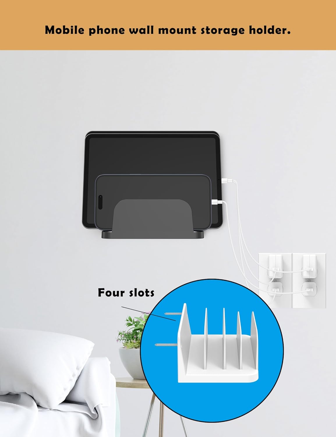 Phone Wall Mount Storage Organizer, Compatible with iPhone and Android, Holds Four Phones or Tablets at Once Charging Holder Station Fit for ipad, Kindle and More (Black)
