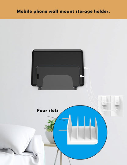 Phone Wall Mount Storage Organizer, Compatible with iPhone and Android, Holds Four Phones or Tablets at Once Charging Holder Station Fit for ipad, Kindle and More (Black)