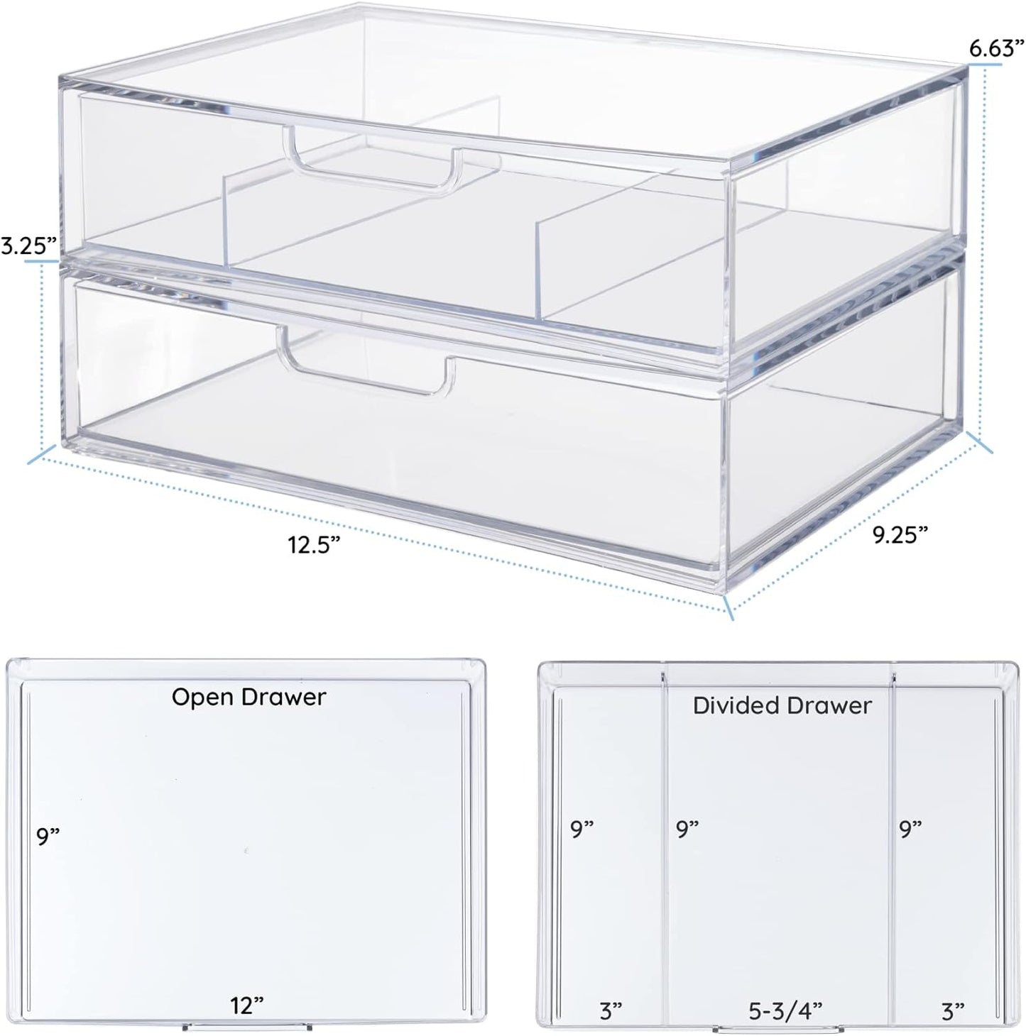 STORi STAX Plastic Stackable Organizer Drawers (Set of 2) Clear | 12.5" Wide | Set Includes Two Open Drawer | Organize Office Desk Accessories & Sort Paper | Made in USA
