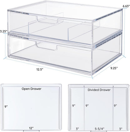 STORi STAX Plastic Stackable Organizer Drawers (Set of 2) Clear | 12.5" Wide | Set Includes Two Open Drawer | Organize Office Desk Accessories & Sort Paper | Made in USA