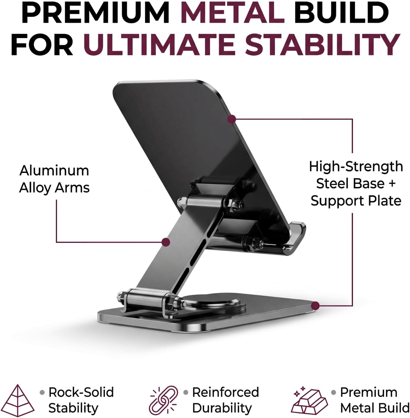 4 Joints 360° Rotating Cell Phone Stand for Desk, Adjustable Folding Phone Stand, Aluminum Alloy Arms & Steel Base, Non-Slip Silicone Pads, Scratch-Free for iPhone & Android, Black