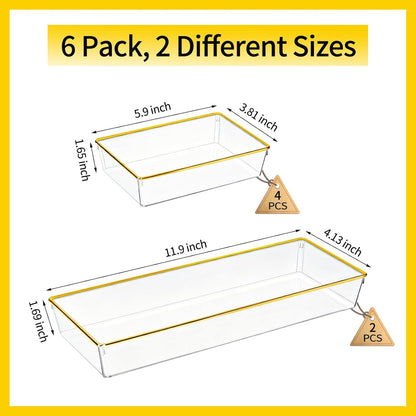 4 Pack Large Size Clear Stackable Drawer Organizer Trays, Gold Rim Makeup Drawer Storage Tray Divider, Desk Storage for Makeup, Jewelry, Bathroom, Stationary, Kitchen Utensils and Office Desk
