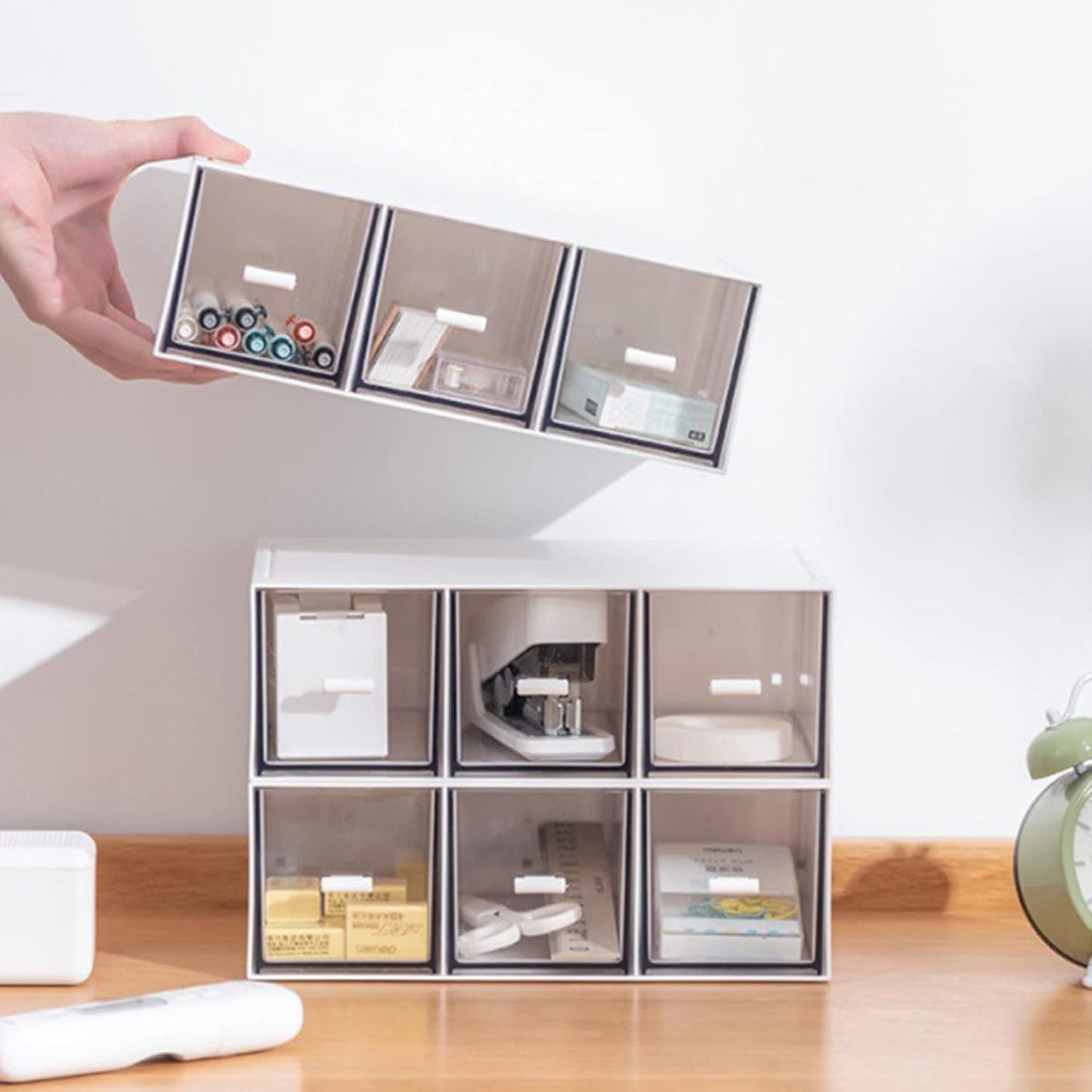 Desk Organizer with Drawers Stackable Storage Drawers, Plastic Compact Desk Storage Box Great for Office School Home Small Space- 1drawers (White)