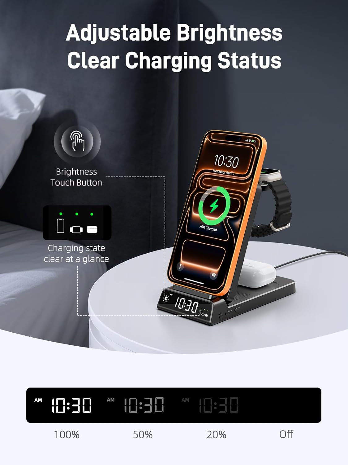 3 in 1 Charging Station for Apple, ELECDOV Magnetic Charger for iPhone, Foldable Wireless Charger with Clock, Travel Watch Charger Stand for iPhone 17/Air/16/15 Series, iWatch 10/AirPods 4 (Grey)