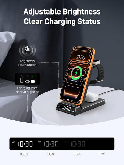 3 in 1 Charging Station for Apple, ELECDOV Magnetic Charger for iPhone, Foldable Wireless Charger with Clock, Travel Watch Charger Stand for iPhone 17/Air/16/15 Series, iWatch 10/AirPods 4 (Grey)