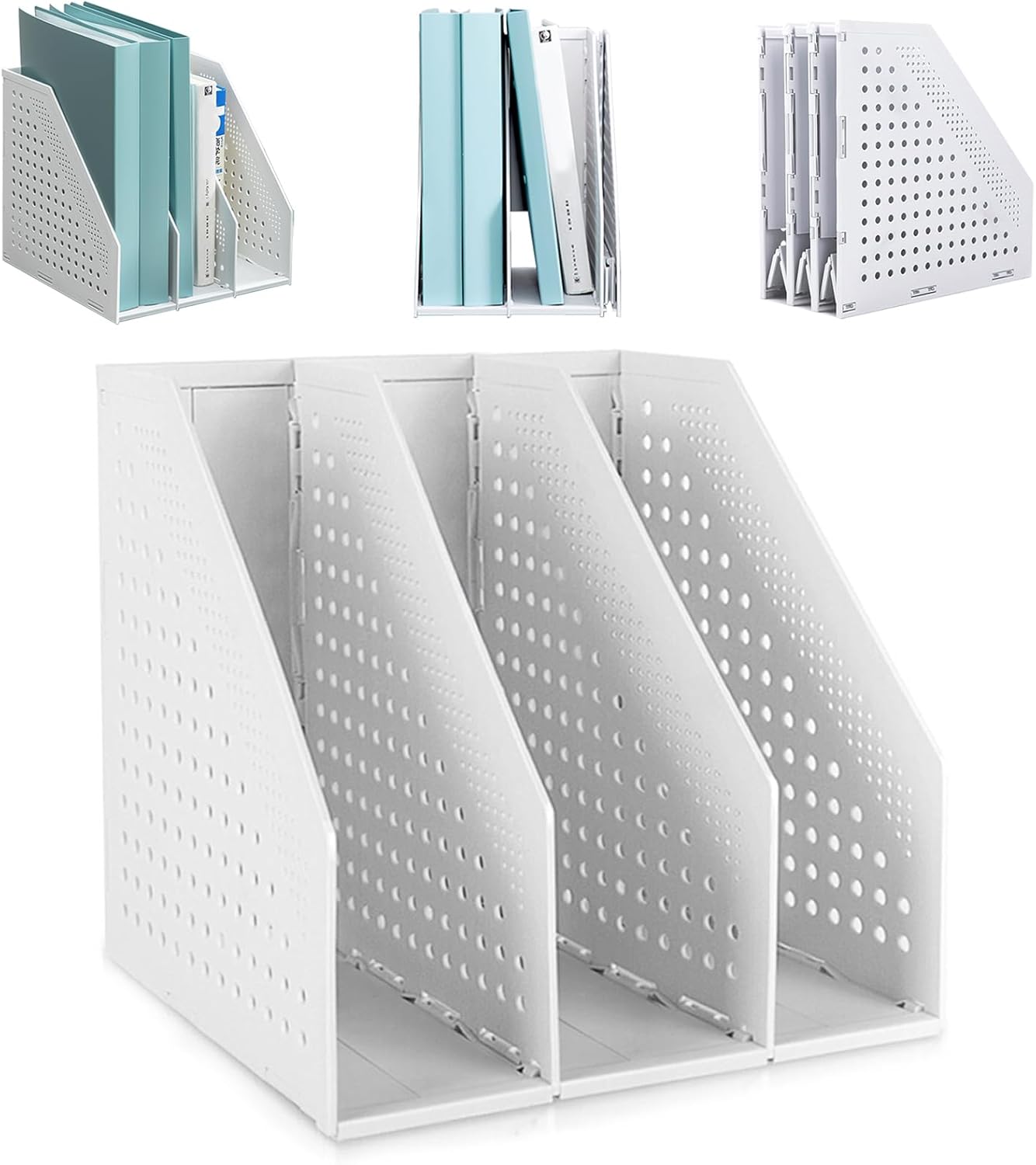 SAYEEC 2Pcs Collapsible Plastic Magazine File Holder Vertical Binder Storage Organizer for Desk Sturdy Upright Desktop Magazine Organizer Folder Rack for Office School Home (3 Compartments, Black)