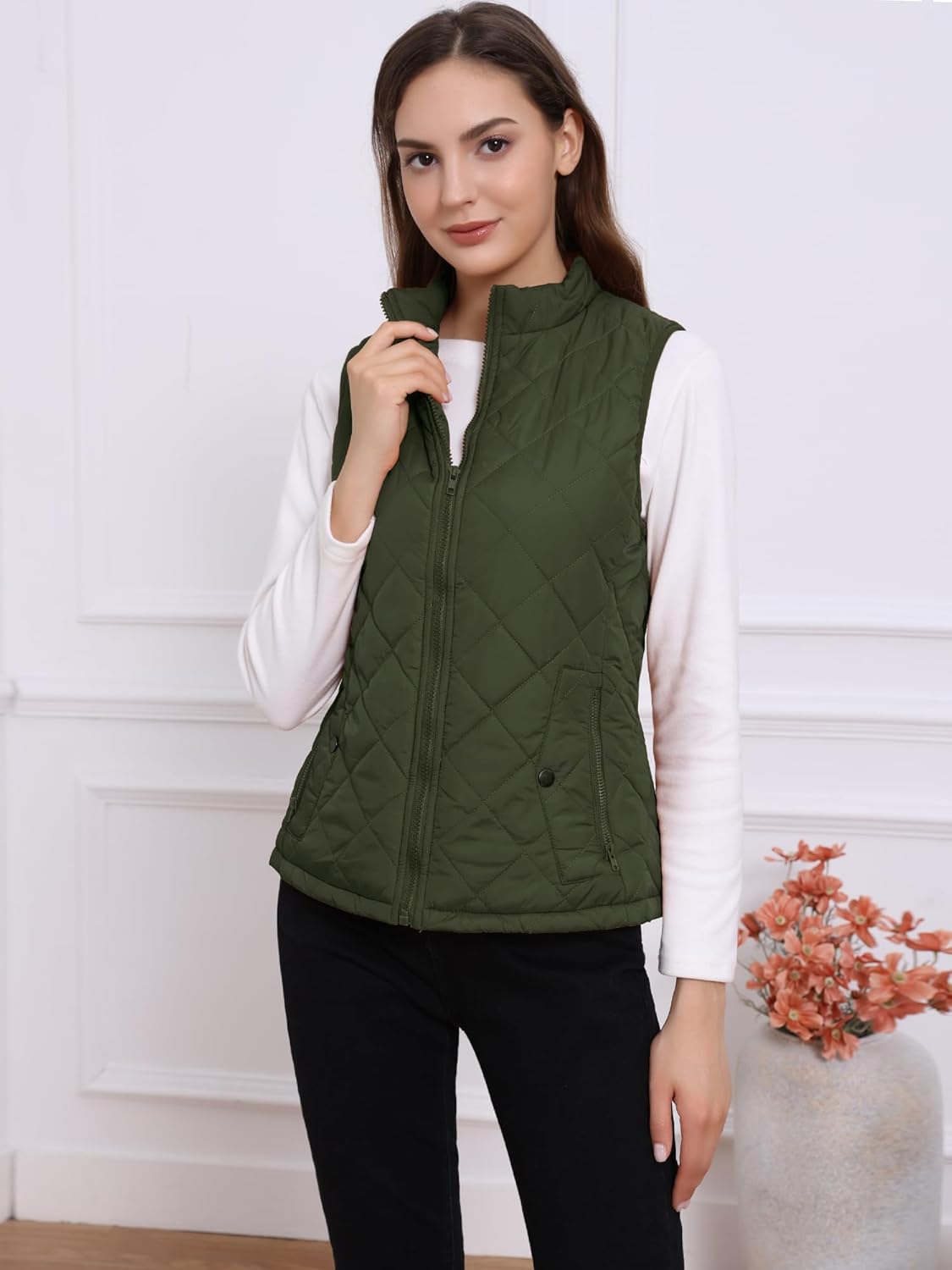 Allegra K Women's Puffer Vest Stand Collar Lightweight Gilet Quilted Zip Vest