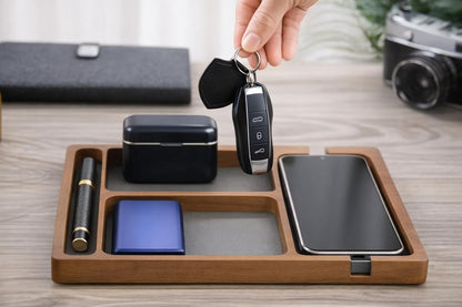 Shinpuru Wooden Valet Tray for Men, Nightstand Organizer with Leather Inlay, EDC Essentials Catchall Tray for Keys, Phone, Wallet, Watch, Earbuds - Bedside Desk Entryway Tray (Wood)
