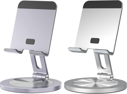 Phone Stand for Desk, 360° Rotating Dual Adjustable Foldable Holder, Heavy Solid All-Aluminum Base Anti-Slip Stable Support for Home Office Study, Fits iPhone Galaxy 4-8" Phones (Silver)