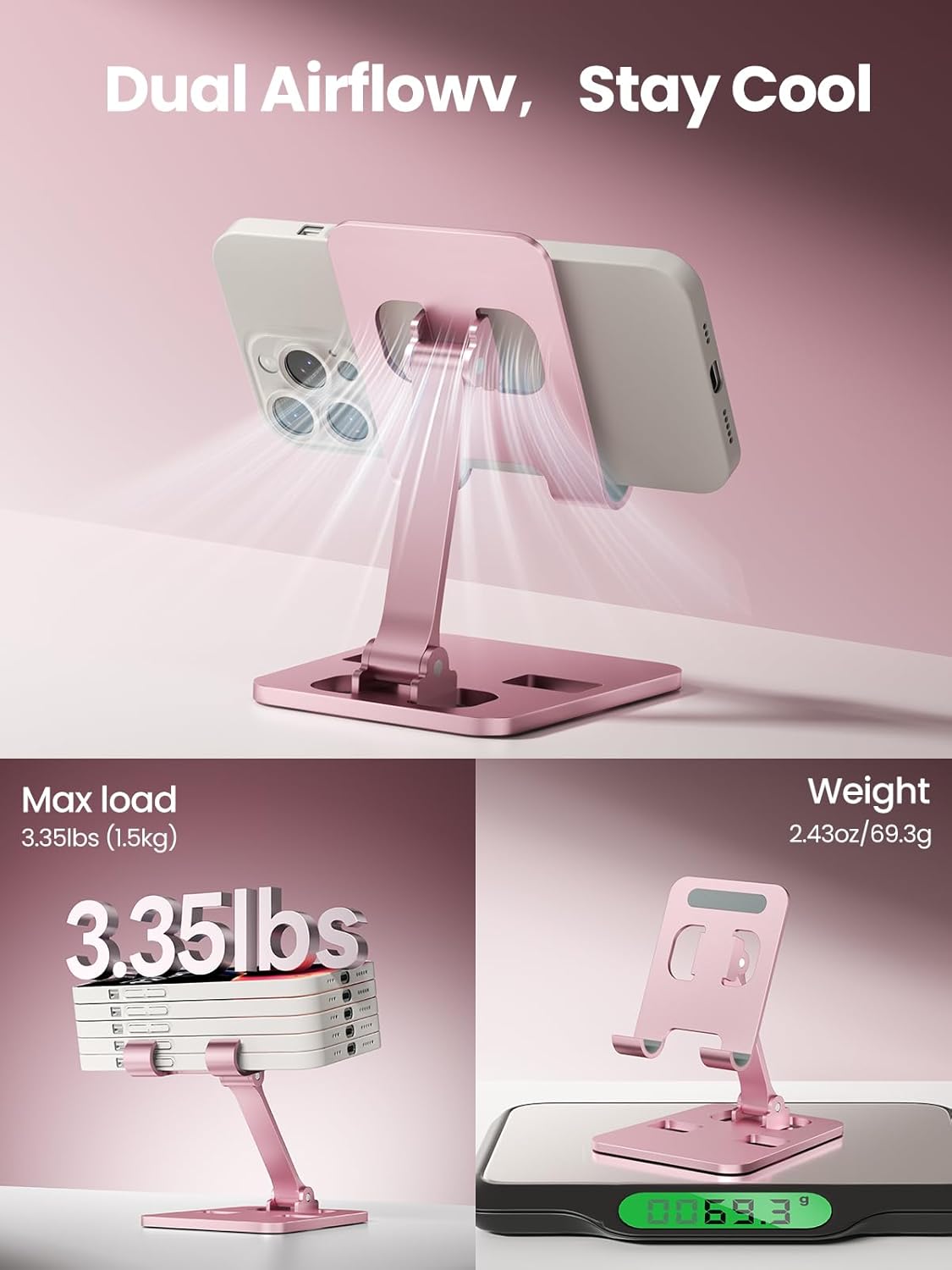 Phone Stand for Desk, Dual Folding Cell Phone Holder, Fully Adjustable Portable Mobile Phone Holder for iPhone 17 16 15 14 13 12 11 Pro Max Plus Air, Galaxy S25 S24, All Phones (Black)