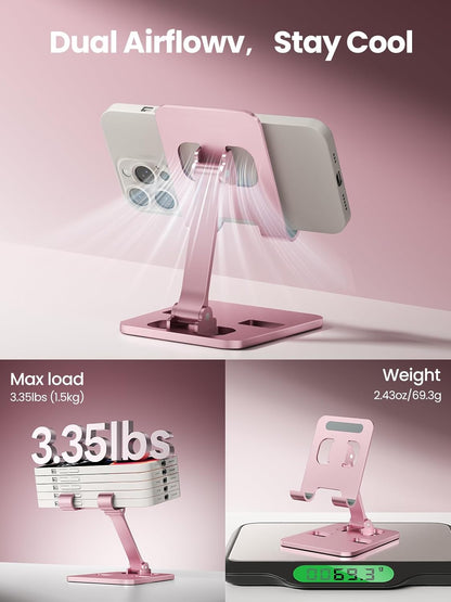 Phone Stand for Desk, Dual Folding Cell Phone Holder, Fully Adjustable Portable Mobile Phone Holder for iPhone 17 16 15 14 13 12 11 Pro Max Plus Air, Galaxy S25 S24, All Phones (Black)