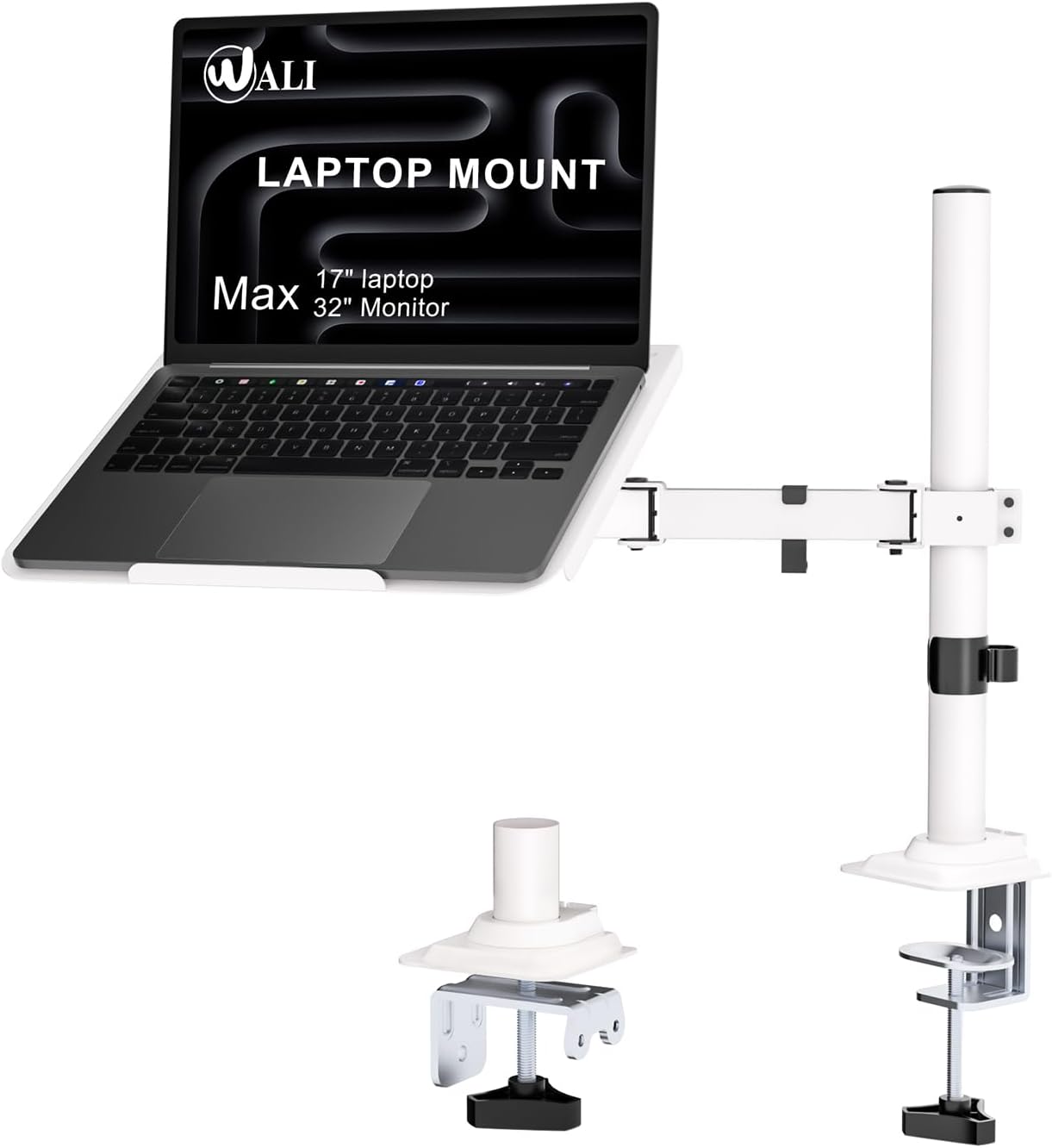 WALI Laptop Desk Mount for 17 inch Notebook, Adjustable Single Monitor Arm with Laptop Holder for 32 inch Screen, Laptops Stand with Ventilated Tray, Up to 22 lbs, (M00LP), Black