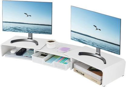 LEKETREE Dual Monitor Stand Riser with Drawer, Desk Organizer and Accessories, Pink Monitor Stand for Desk, Desktop Stand for Computer, Laptop, TV and More (Pink)