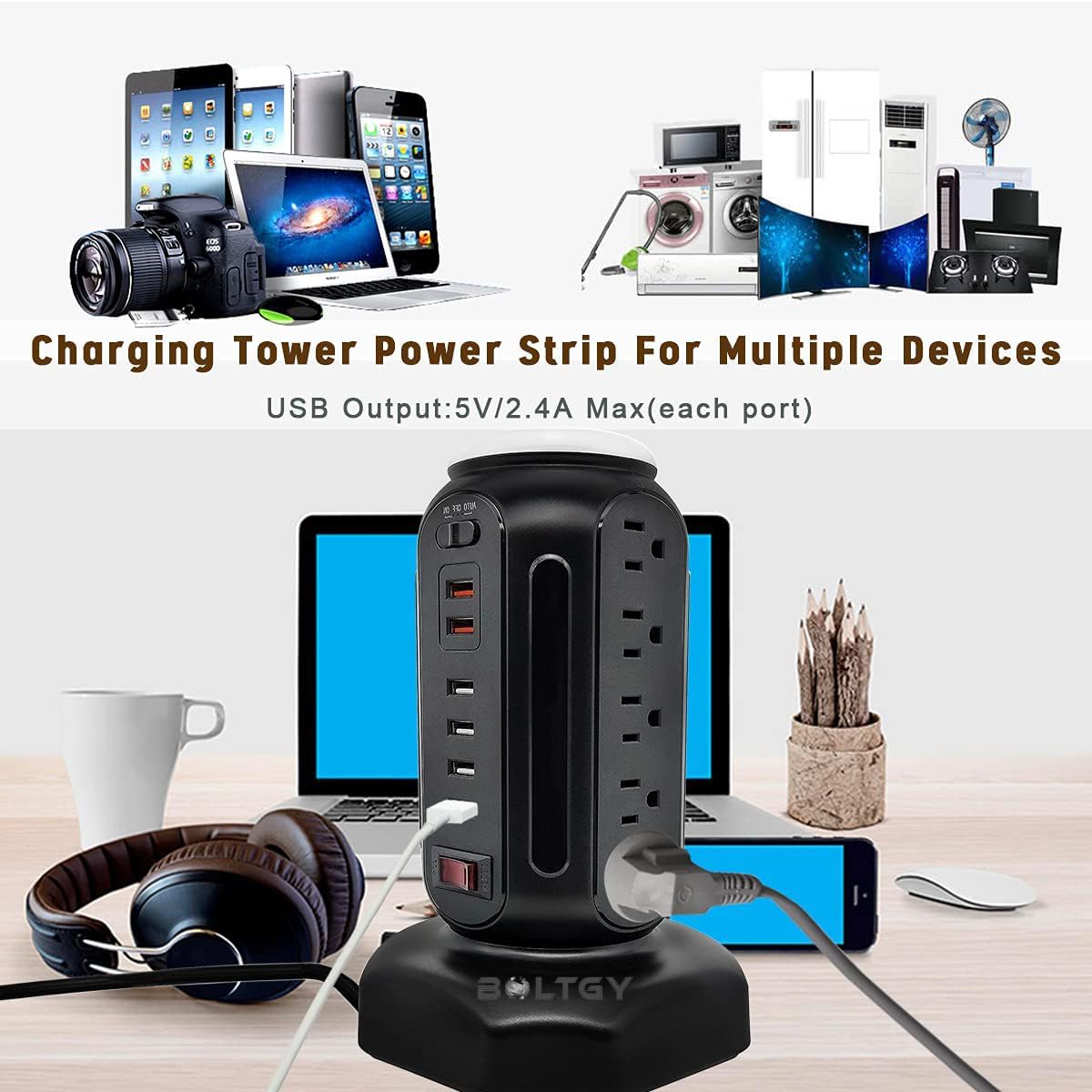 Flat Plug Total Fast Charging Station, Protector with 15 AC Outlets and 6 USB Ports (2 Fast Charge), Tower Surge Protector Power Strip, 6.5FT Extension Cord for Home Office Dorm Room.