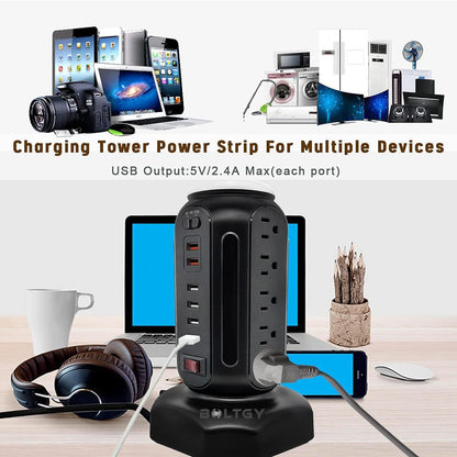 Flat Plug Total Fast Charging Station, Protector with 15 AC Outlets and 6 USB Ports (2 Fast Charge), Tower Surge Protector Power Strip, 6.5FT Extension Cord for Home Office Dorm Room.