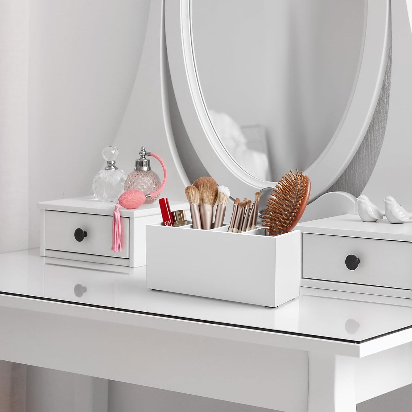 Bivvclaz Pencil Pen Holder for Desk, Acacia Wood Office Desk Organizers and Accessories with 4 Slots for Countertop, Makeup Brush Holder Organizer for Bathroom Vanity, Silverware Caddy for Party