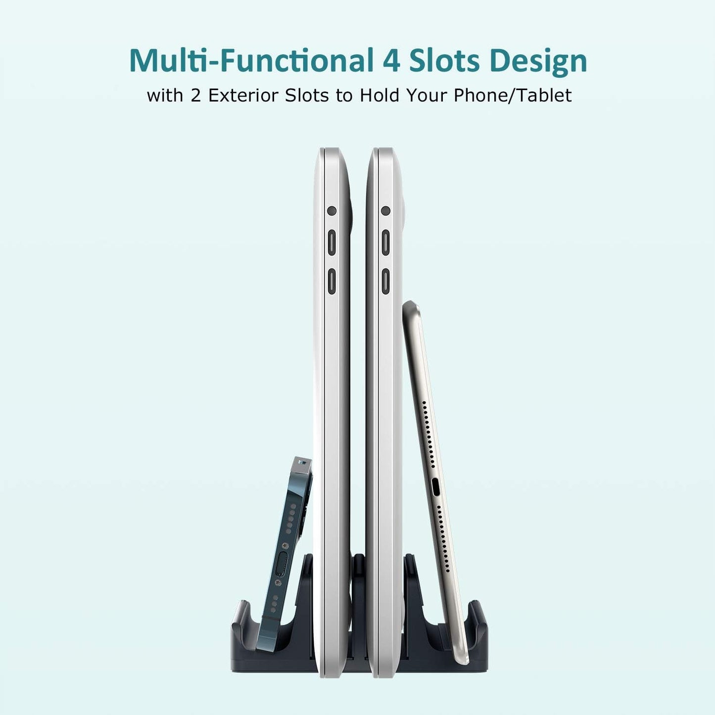Vertical Laptop Stand - SPACEMax Adjustable GRIPLock Anti-Tip Silicone 4 Slots Aluminum Desktop Holder - Double Dock Stand - 2 Phone Slots Fits Up to 17.3” Laptops, Tablets, Phones - Black