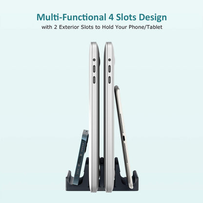 Vertical Laptop Stand - SPACEMax Adjustable GRIPLock Anti-Tip Silicone 4 Slots Aluminum Desktop Holder - Double Dock Stand - 2 Phone Slots Fits Up to 17.3” Laptops, Tablets, Phones - Black