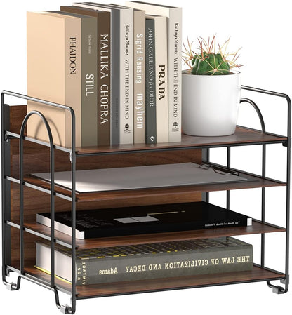 LUCYCAZ 4 Tier Paper Organizer for Desk - Wood Desk Organizer, Metal Paper Tray Organizer, File Organizer for Office Home School, Black