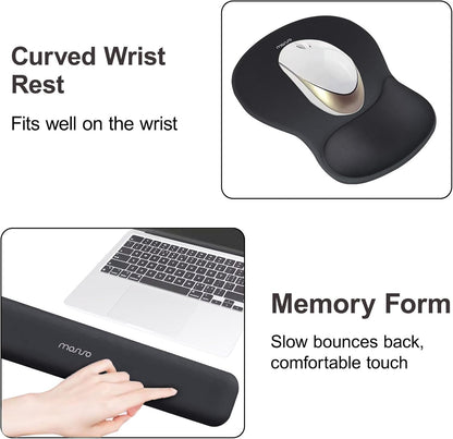 MOSISO Wrist Rest Support for Mouse Pad&Keyboard Set, Ergonomic Mousepad with Concave Curved Memory Foam, Non-Slip Base Pain Relief Comfortable Rectangular Easy Typing Pad for Home/Office, Black