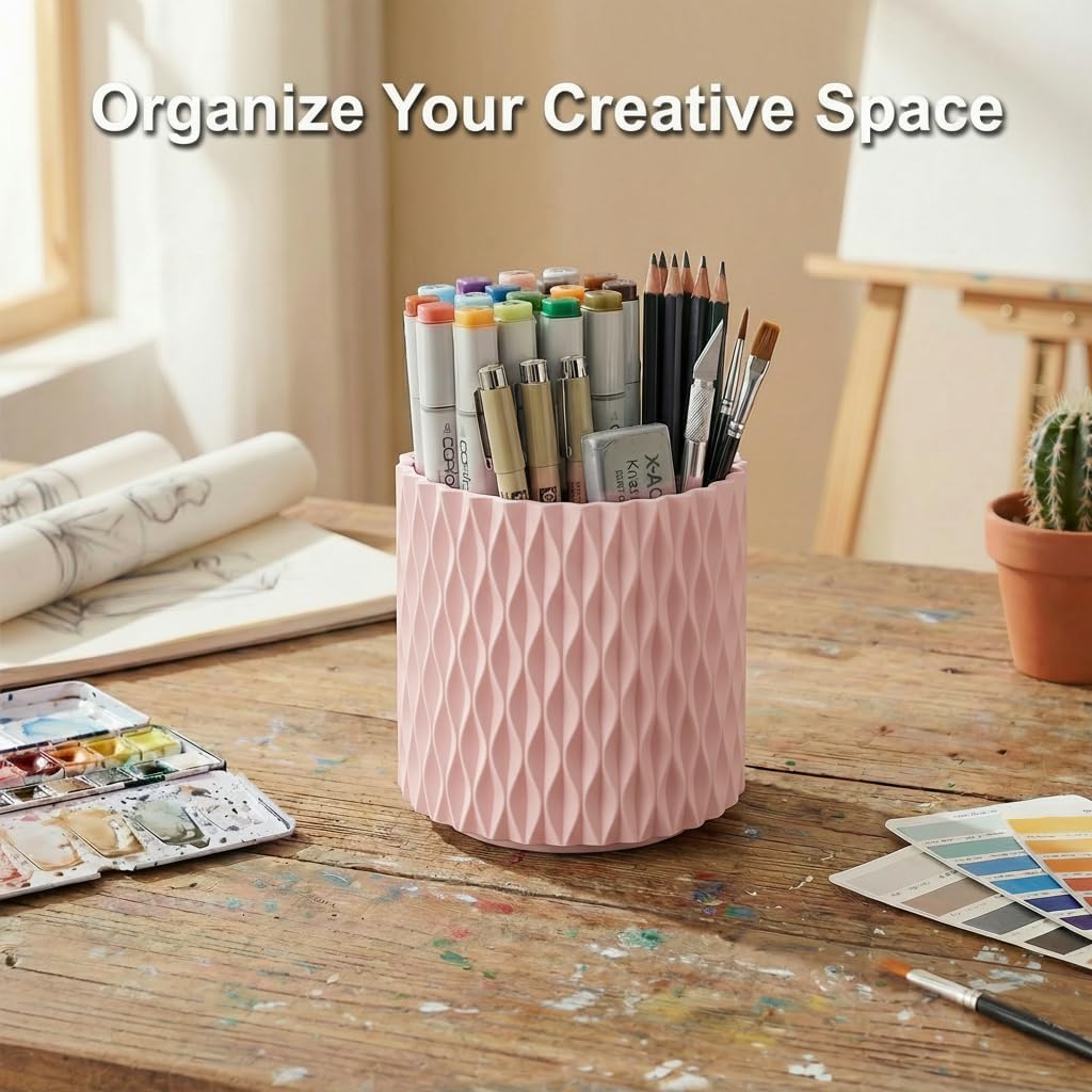 Black Pen Holder for Desk, 360° Rotating Pen Organizer with 5 Slots - Spinning Pencil Holder & Pencil Cup for Office, Art Supply, Makeup Brush - Desk Organizer for Home, School