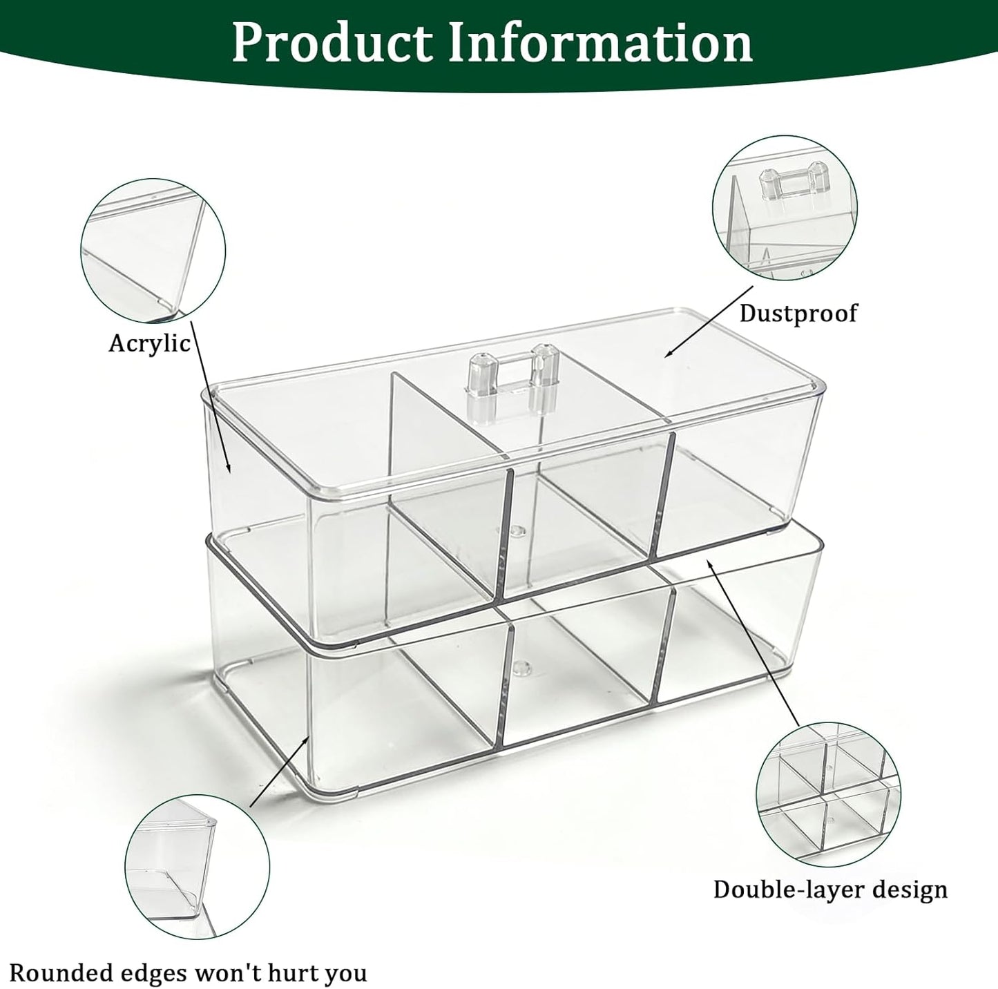 2 Pack Acrylic 3-Compartment Organizer Box, Storage Box with Lid, Clear Pen Holder Organizer Makeup Brush Holder for Office Desk Accessories, Cosmetic Brush Storage Box, Dorm, Bathroom, Kitchen