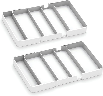 Shallow Drawer Organizer (1.57" H), Modular Expandable Desk Divider (Width 10.6"-17.9" OR Length 16.1"), Detachable Tray for Office Stationery, Makeup, Kitchen Utensils, White
