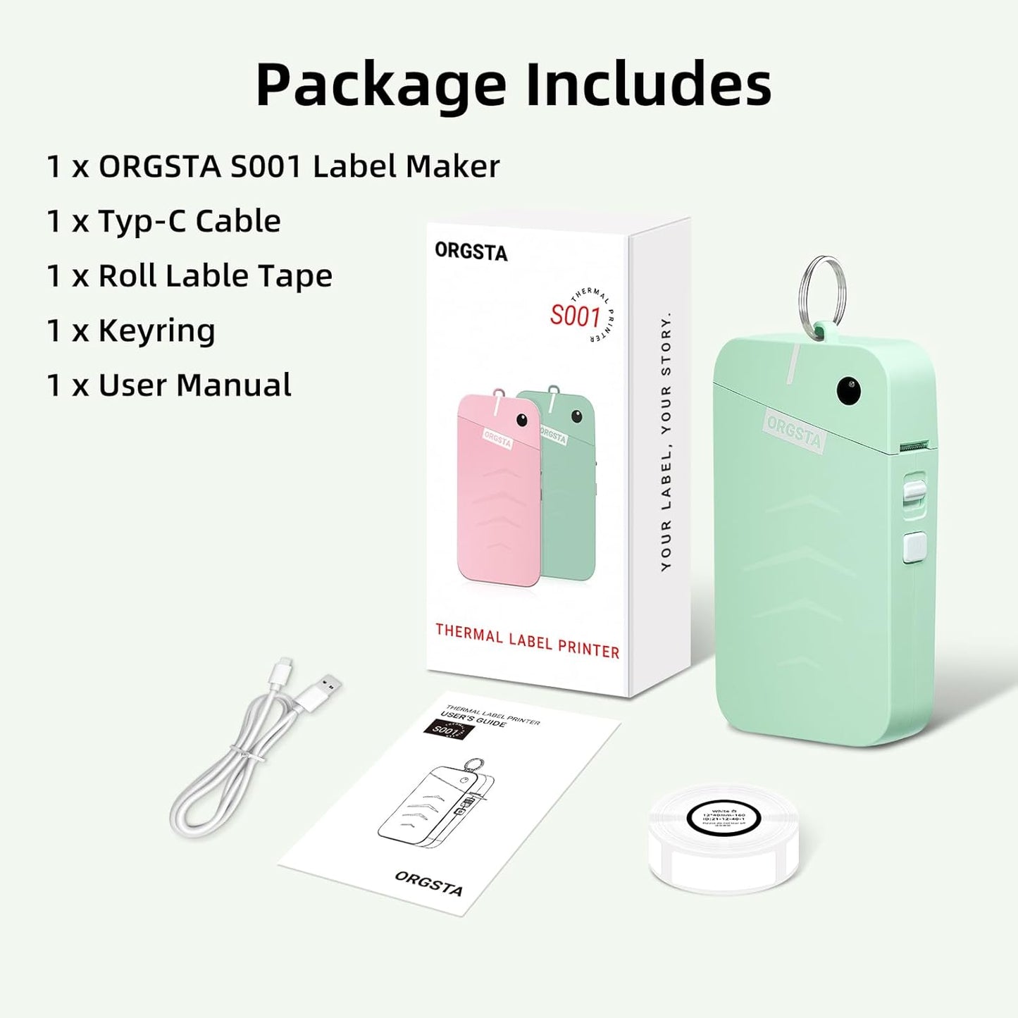 ORGSTA Label Maker Machine with Tape Bluetooth Portable Thermal Labelling Printer for School Home Office Organization, Wireless Mini Labeler S001 Label Machine with Label Sticker Maker, White