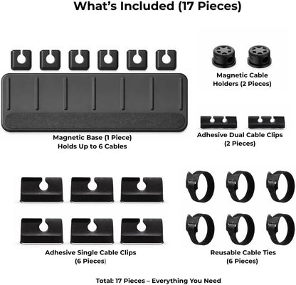 Magnetic Cable Organizer Kit (17-Piece) – Desk Cable Management Set with Magnetic Base & Adhesive Clips – Holds 6 Cables – Reusable Cable Ties for Office, Home & Gaming Setup