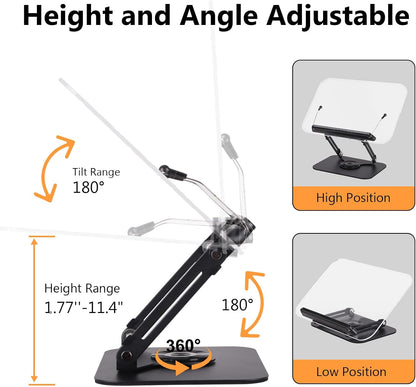 ASIEIT Desk Clamp Book Stand, Aluminum Book Holder Adjustable Height & Angle, Cookbook Stand for Kitchen, Recipe Book Holder with 360° Swivel Base, Book Stand for Reading, Office, Laptop