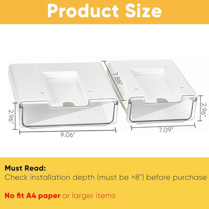 2 Pack Under Desk Hanging Drawer Slide Pull Out, Attachable Clear Acrylic Storage Tray, Easy Hidden Self Adhesive Mount Cabinet Shelf Holder for Tables, Home & Office, Counters, Workstation