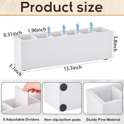 Jetec Wooden Pencil Holder 5 Compartments for Desk Adjustable Pen Holder Wood Office Desk Organizers and Accessories Makeup Brush Organizer for Pen, Home, Office and Art Supplies (White)