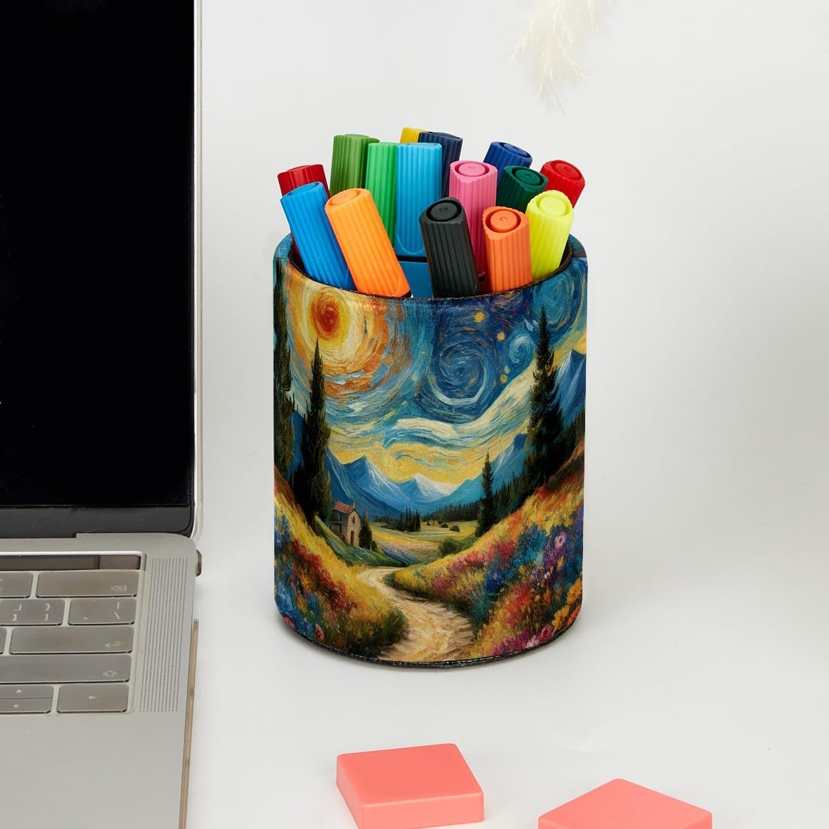 Leather Pen Holder for Desk, Love Cherry Pencil Organizer Pencil Cup Desk Decor Makeup Brush Holder Multifunctional Office Supplies for Home,Office, School