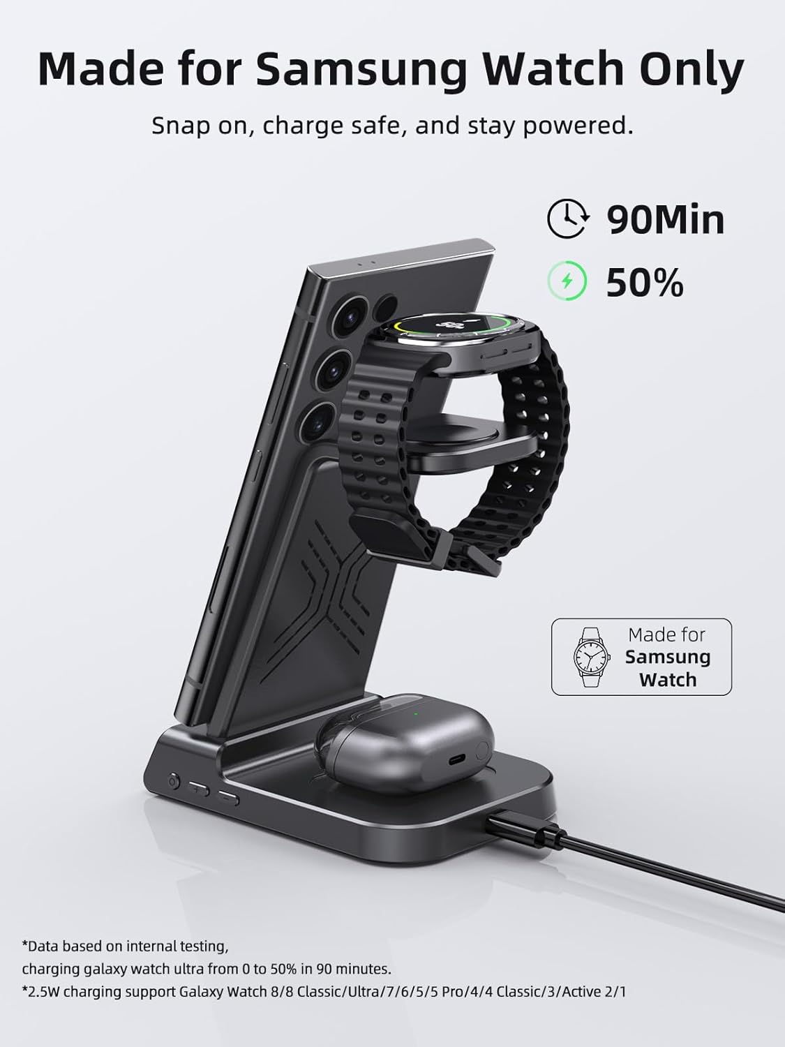 Wireless Charger for Samsung Charging Station: 3 in 1 Android Charging Stand with Dimmable Clock - Nightstand Organizer for Galaxy S25 Ultra, Galaxy Watch 8 7 6 5 4, Galaxy Buds, Space-Saving Charger